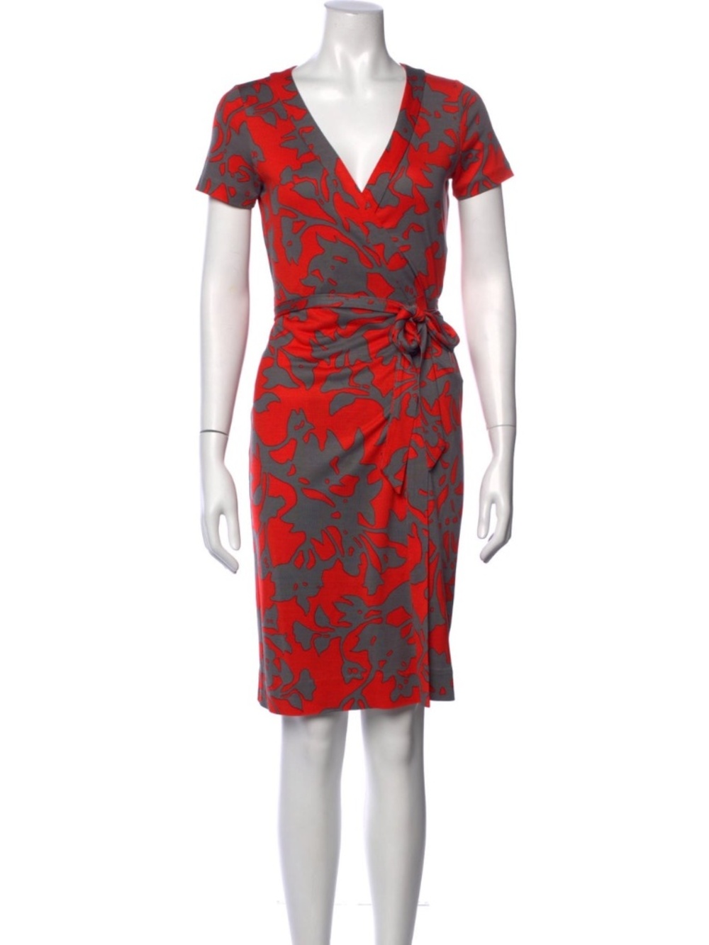 Diane Von Furstenberg ABIGAIL SILK JERSEY BOLD RED GRAY FLORAL DRESS 12